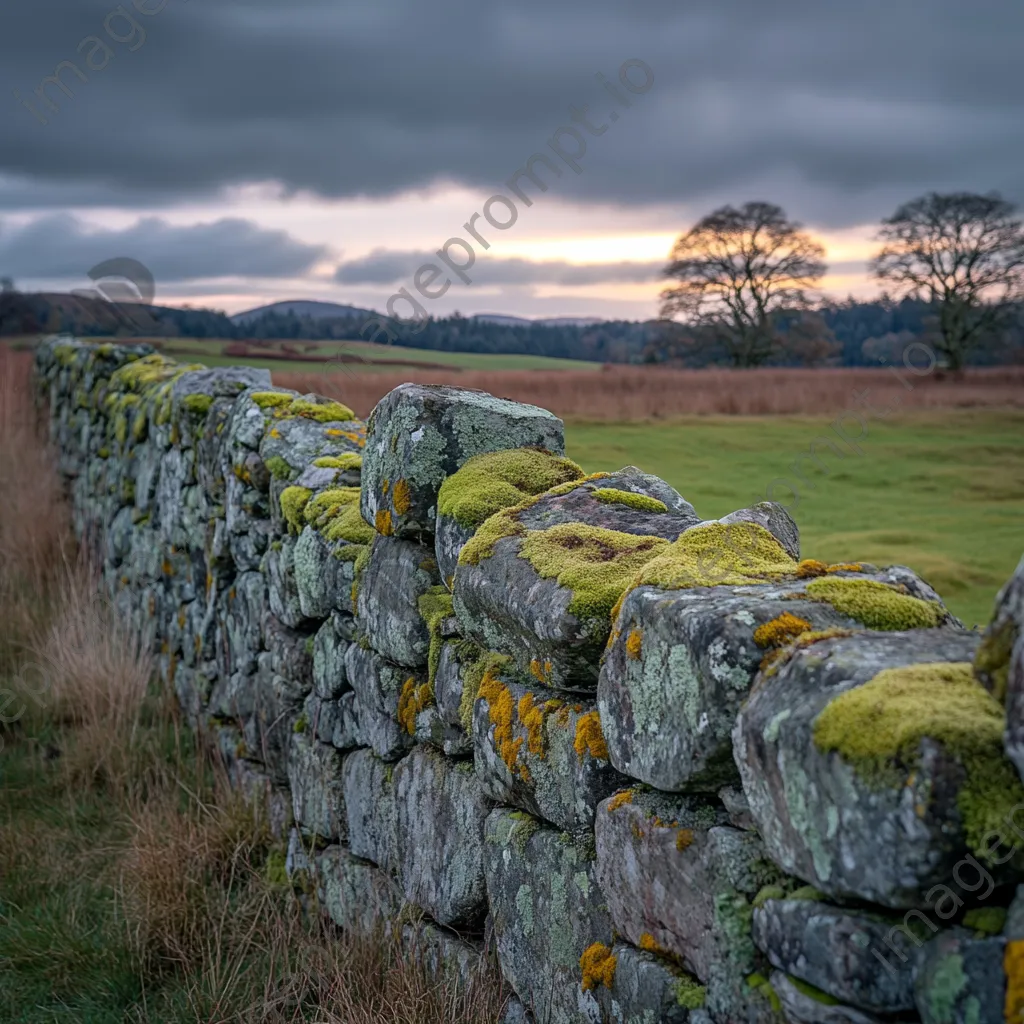 Lichen and moss on a dry stone wall in soft evening light. - Image 1