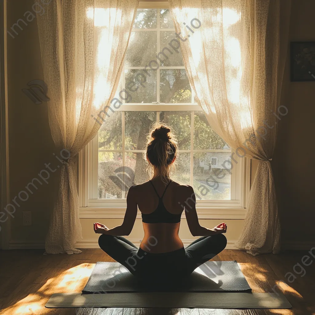 Woman practicing yoga at home with natural light. - Image 1