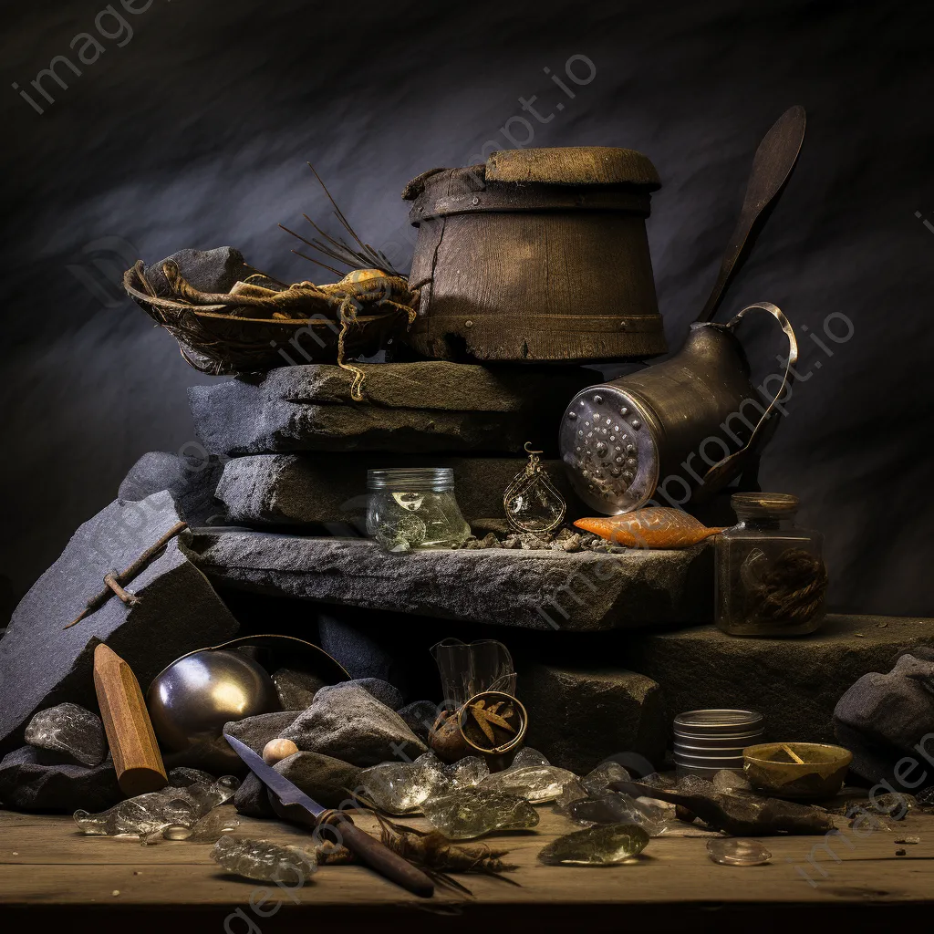 Still life composition of fishing tools and weir artifacts - Image 1