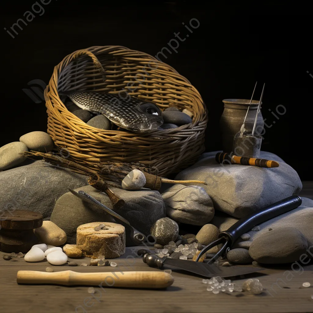 Still life composition of fishing tools and weir artifacts - Image 2