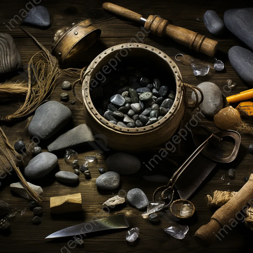 Still life composition of fishing tools and weir artifacts - Image 3