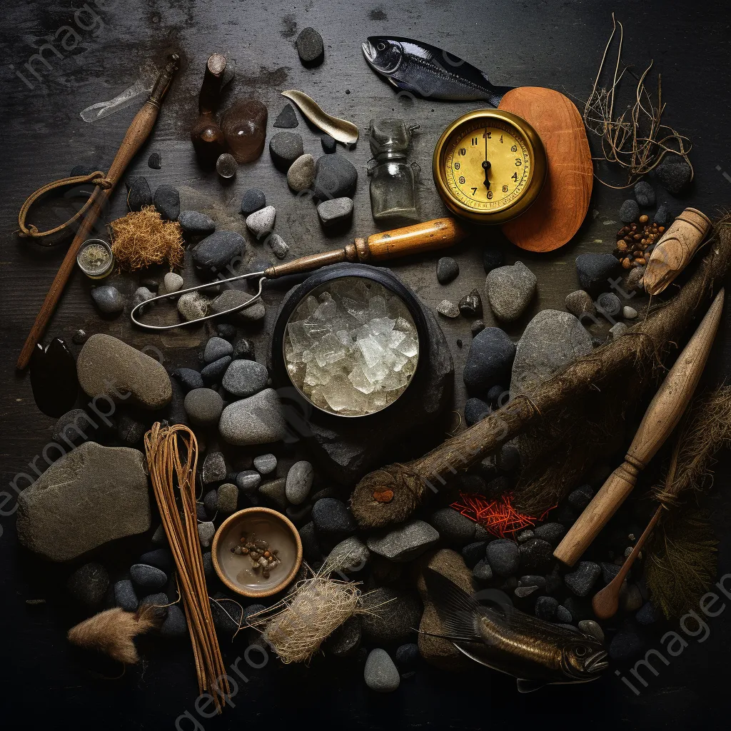 Still life composition of fishing tools and weir artifacts - Image 4