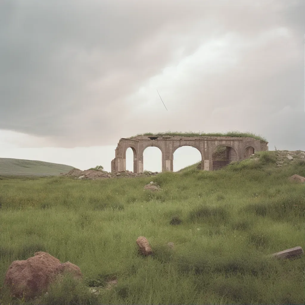 Deserted ancient ruins being reclaimed by nature under a dusky sky - Image 1