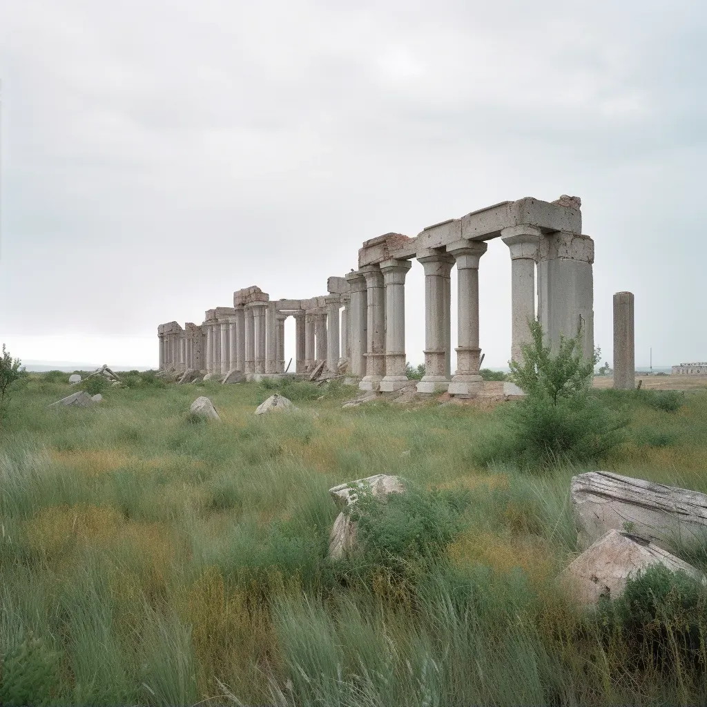 Deserted ancient ruins being reclaimed by nature under a dusky sky - Image 2