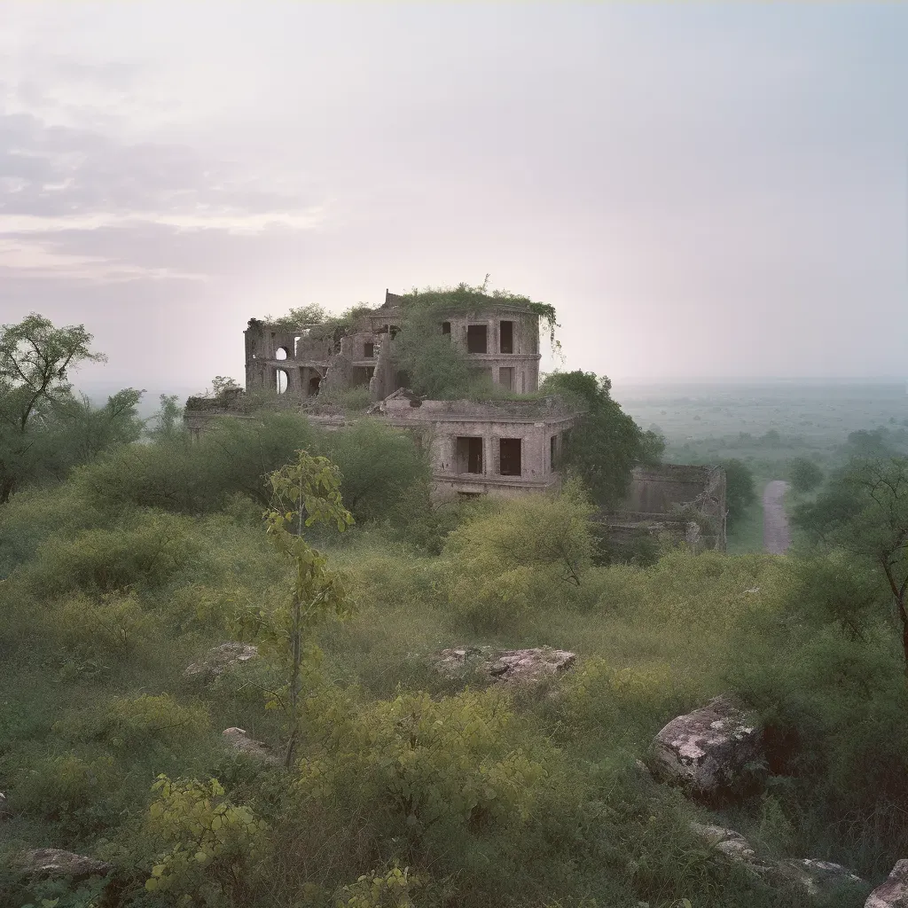 Deserted ancient ruins being reclaimed by nature under a dusky sky - Image 3