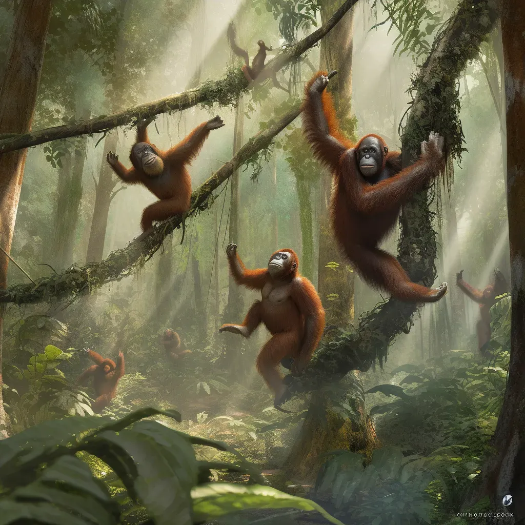 Orangutans swinging in Borneo rainforest on a sunny afternoon - Image 3