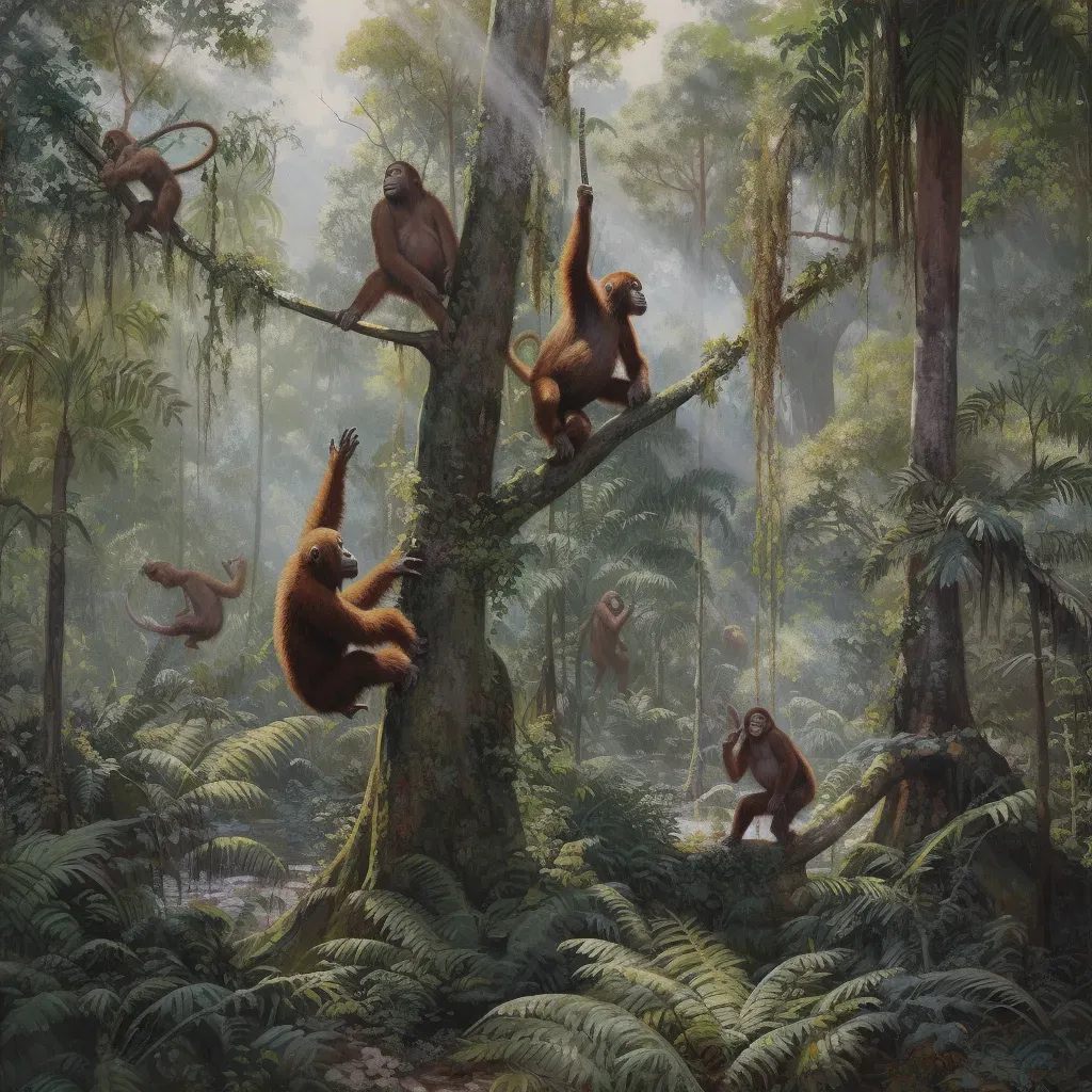 Orangutans swinging in Borneo rainforest on a sunny afternoon - Image 4