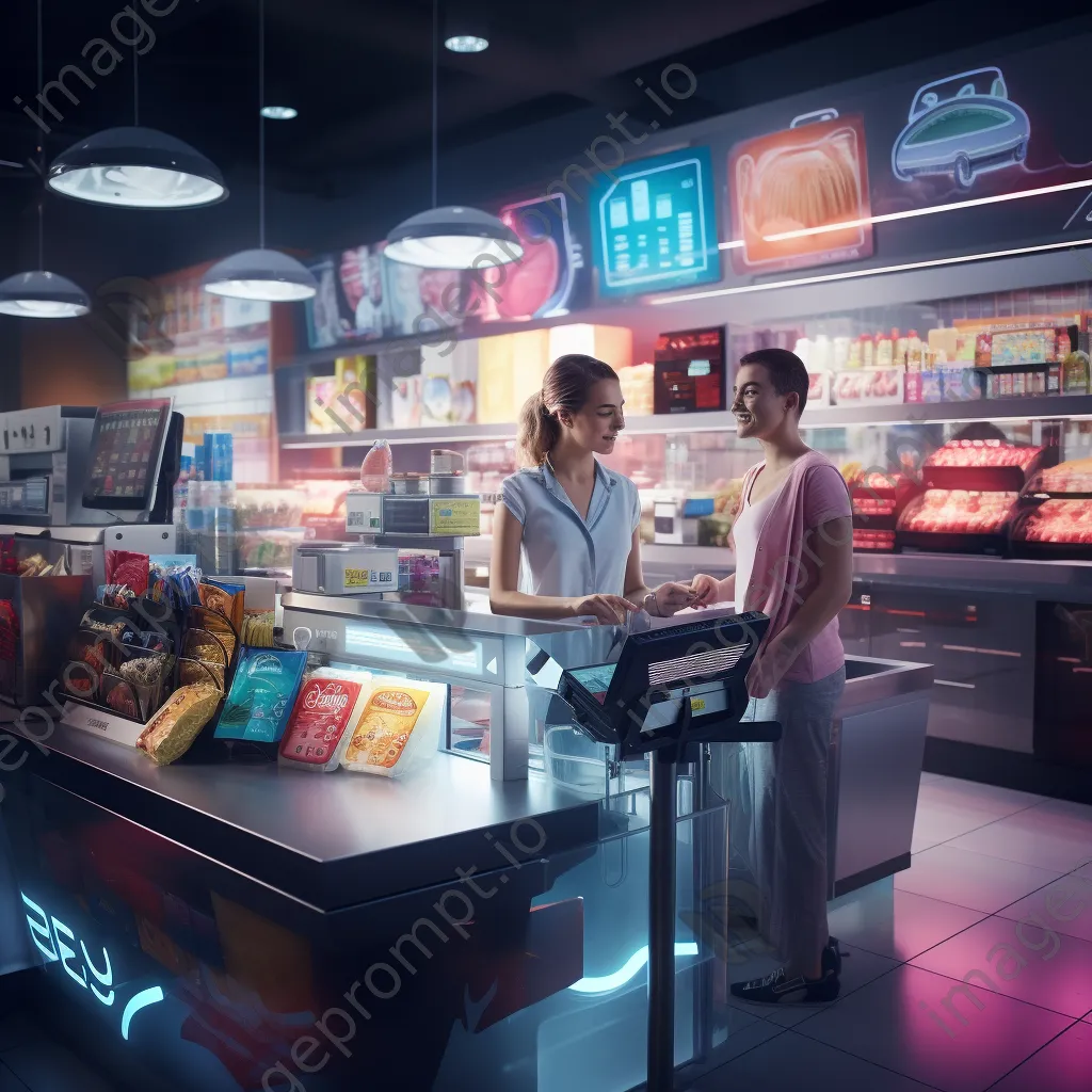 Checkout area in a supermarket with snacks and a friendly cashier. - Image 1