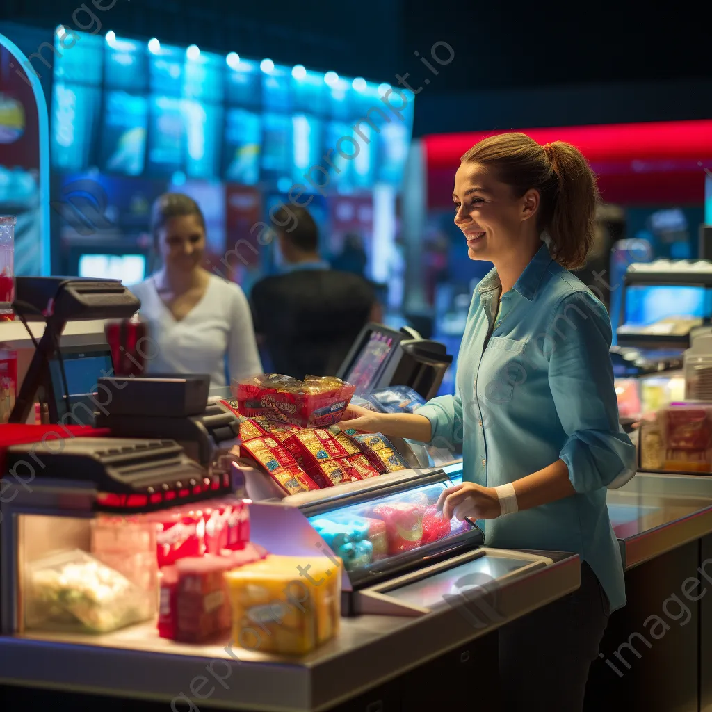 Checkout area in a supermarket with snacks and a friendly cashier. - Image 3