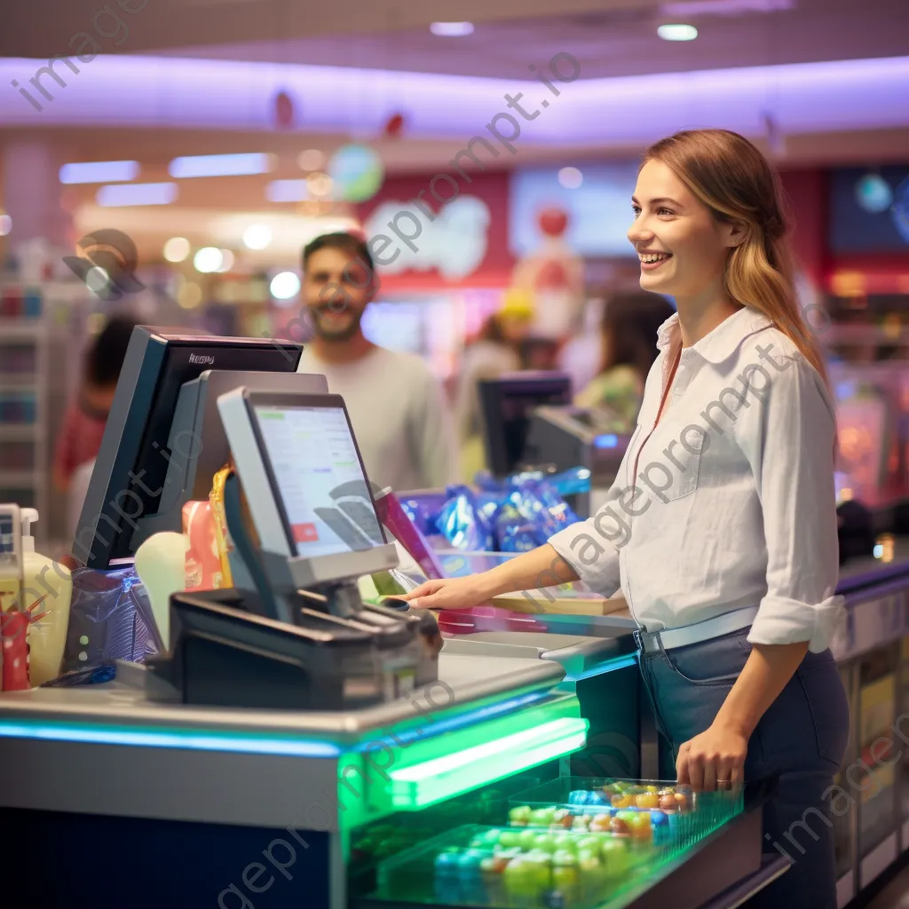 Checkout area in a supermarket with snacks and a friendly cashier. - Image 4