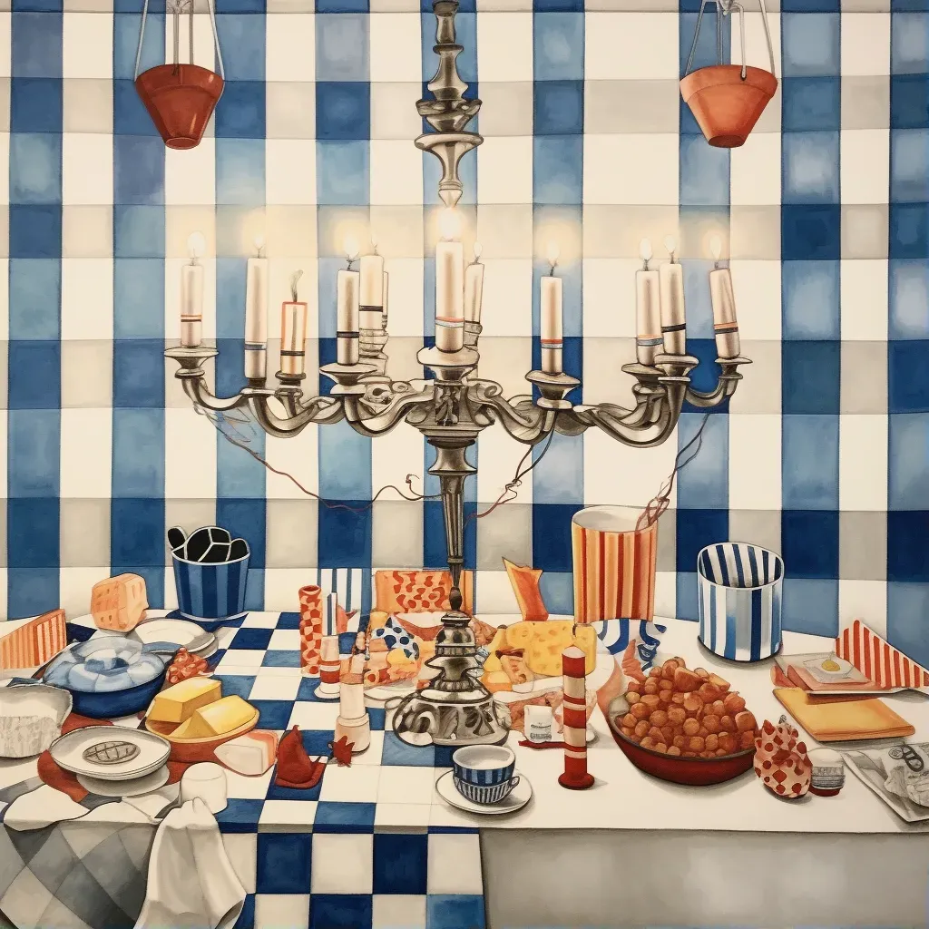 Image of a Hanukkah celebration with a menorah, dreidels, and latkes on a decorated table - Image 1