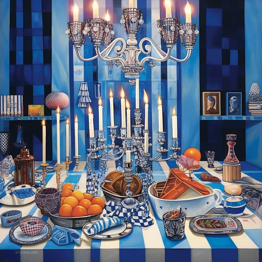 Image of a Hanukkah celebration with a menorah, dreidels, and latkes on a decorated table - Image 2