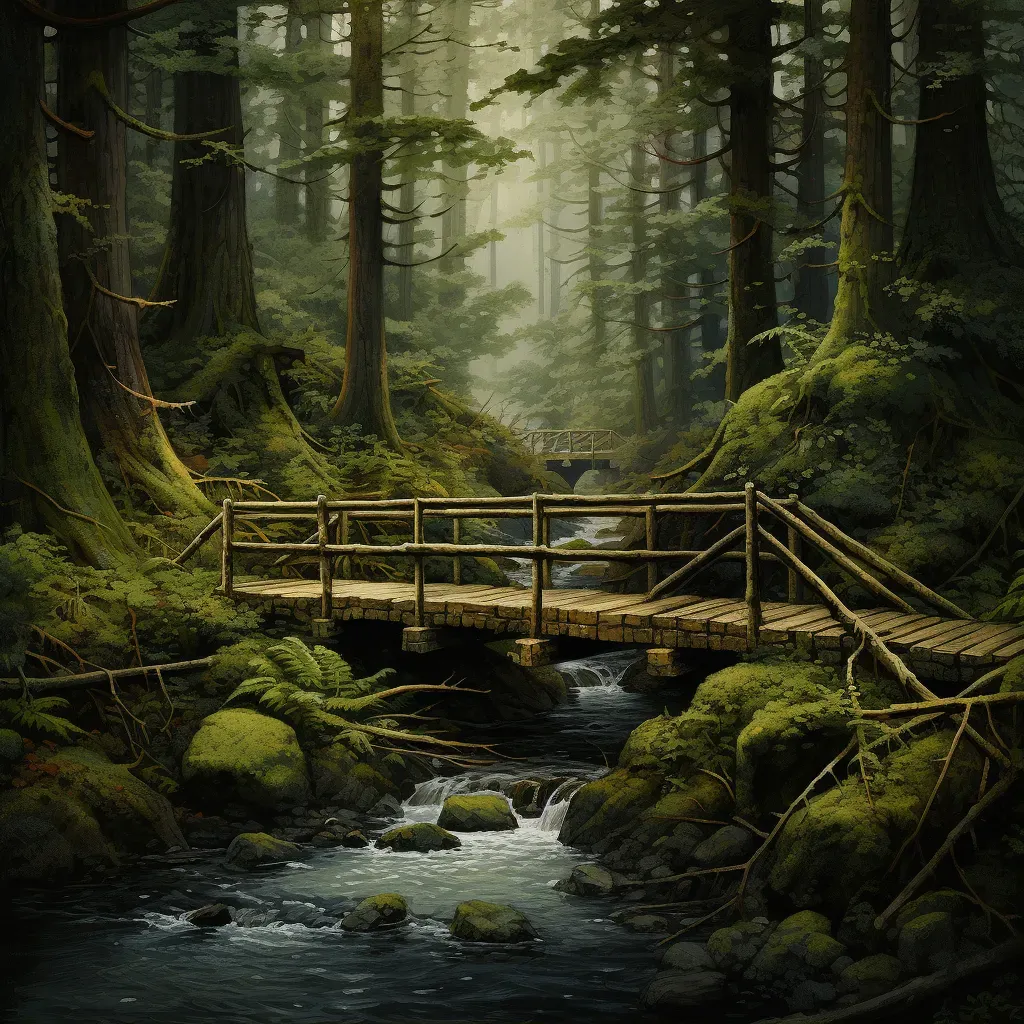 Wooden bridge over forest stream surrounded by moss-covered trees - Image 1