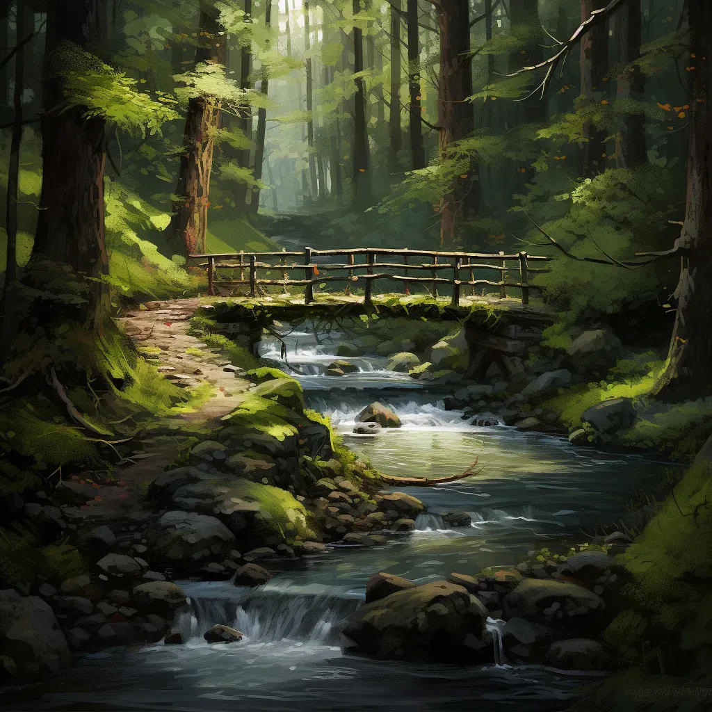 Wooden bridge over forest stream surrounded by moss-covered trees - Image 2