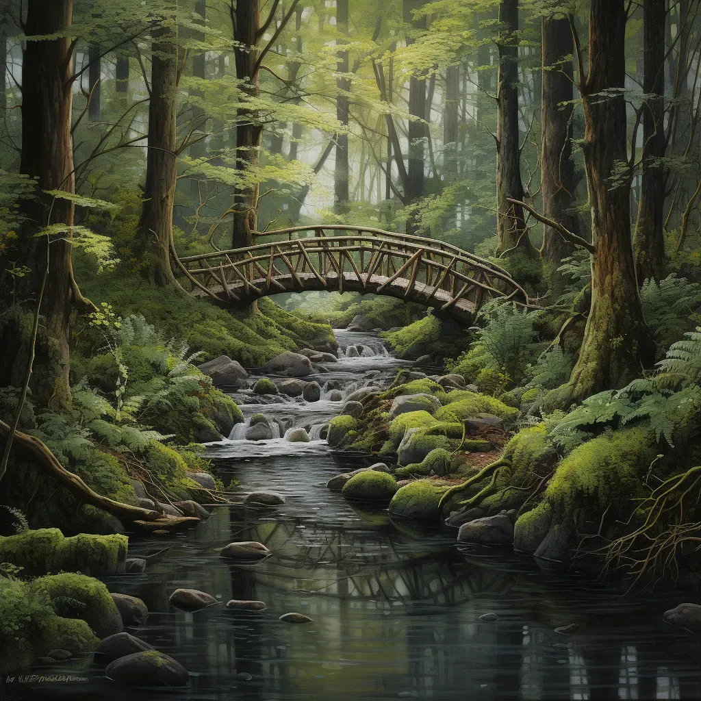 Wooden bridge over forest stream surrounded by moss-covered trees - Image 3