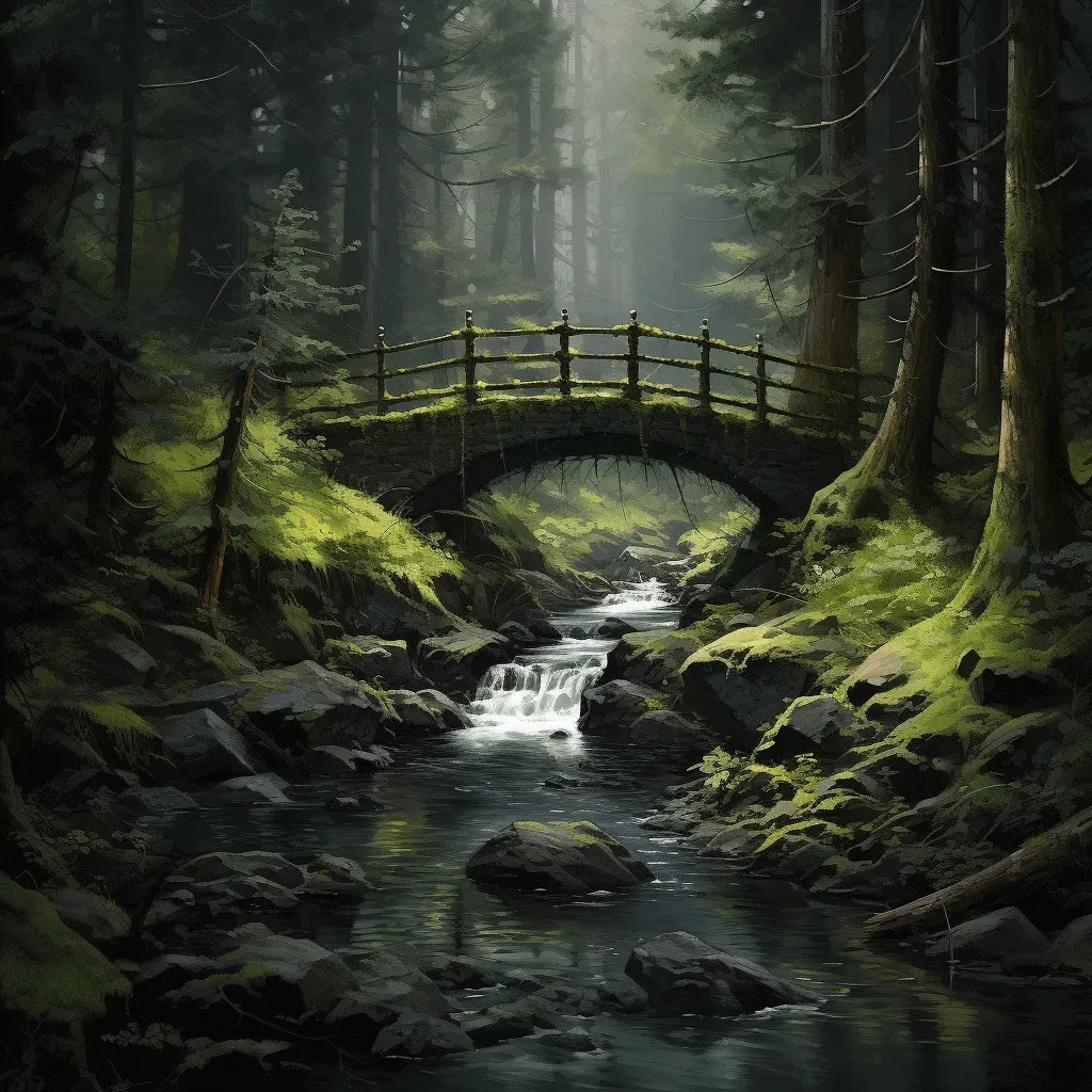 Wooden bridge over forest stream surrounded by moss-covered trees - Image 4