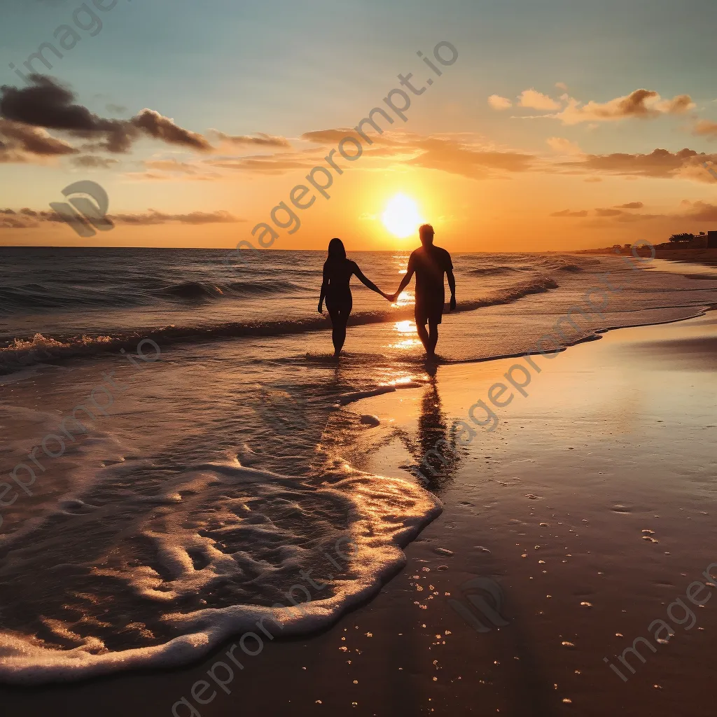 Couple walking along the beach during a vibrant sunset. - Image 1