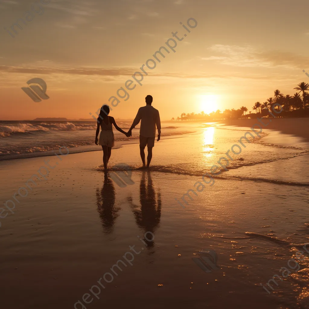 Couple walking along the beach during a vibrant sunset. - Image 2