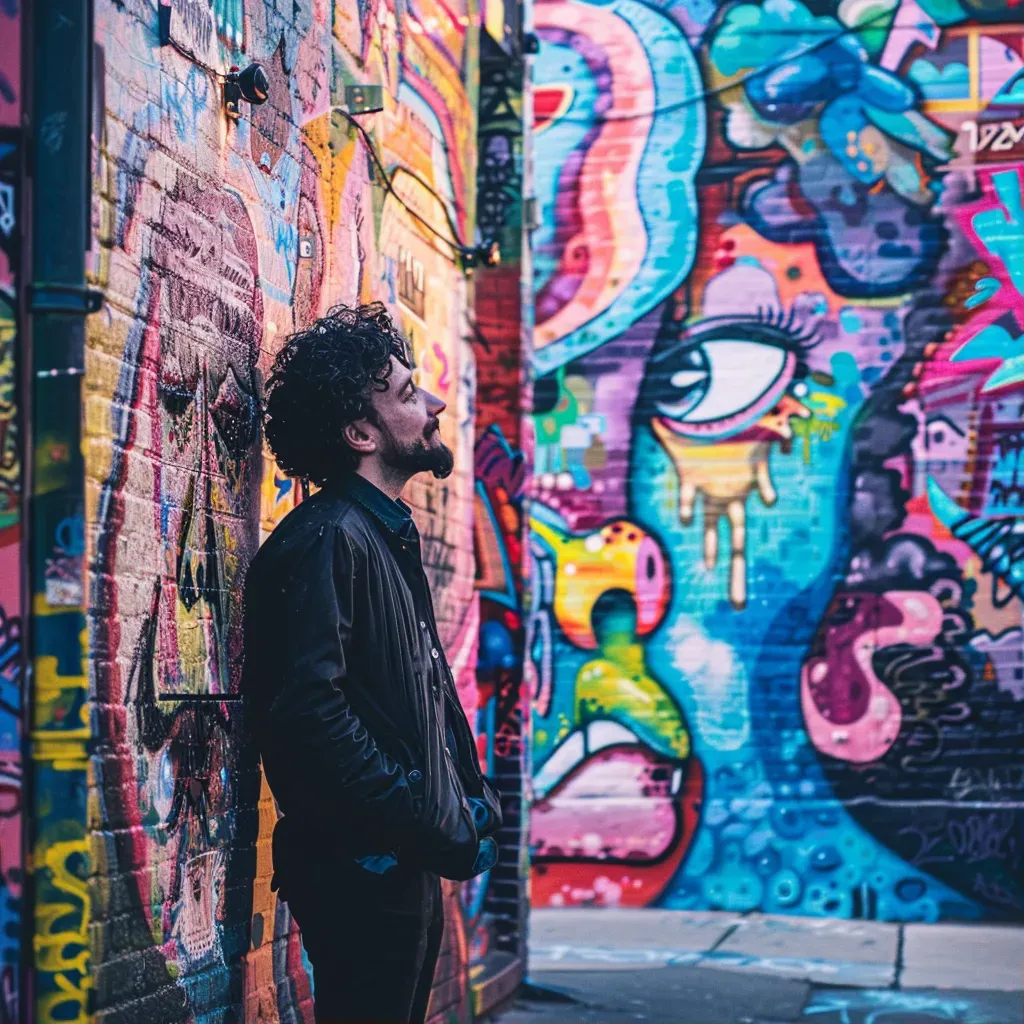 Art curator examining graffiti art in city alley - Image 1