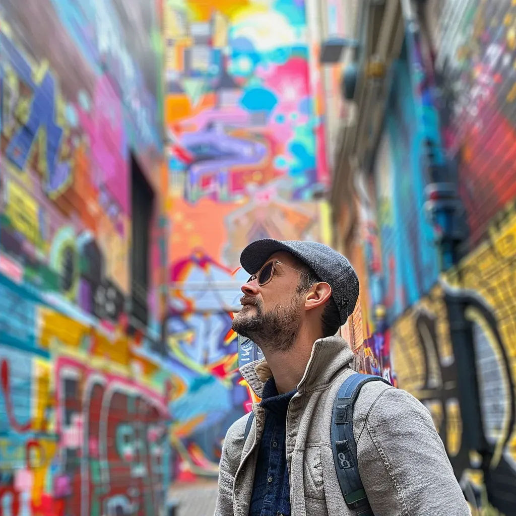 Art curator examining graffiti art in city alley - Image 2