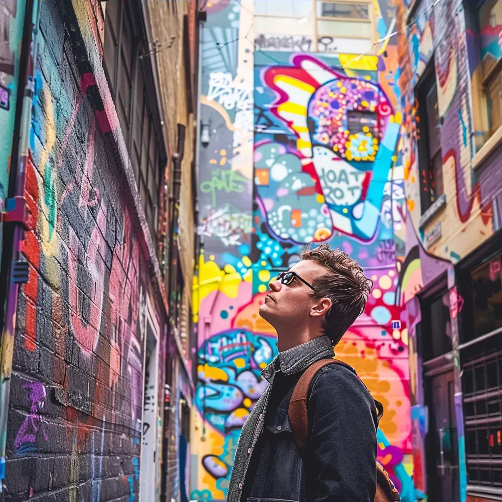 Art curator examining graffiti art in city alley - Image 3