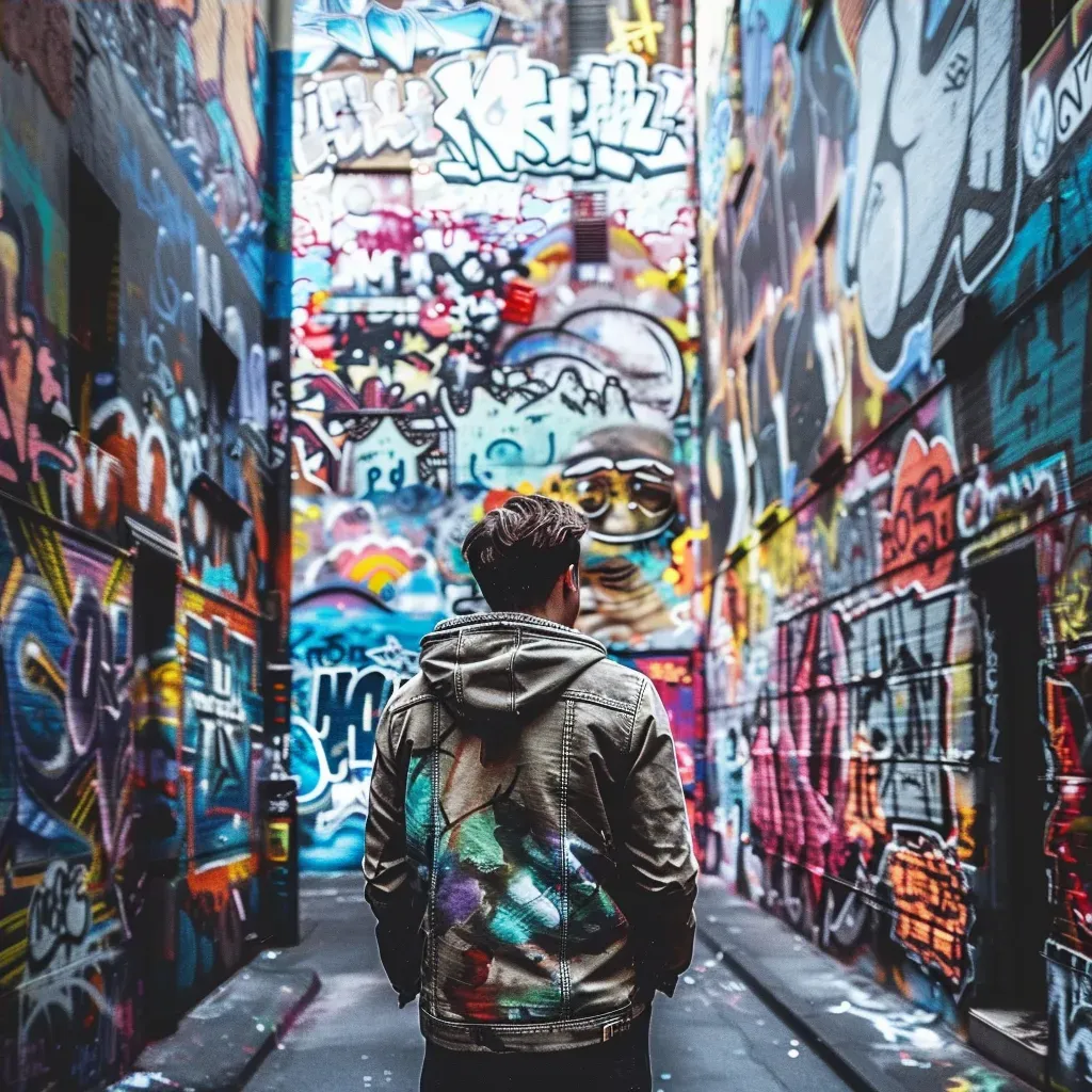 Art curator examining graffiti art in city alley - Image 4