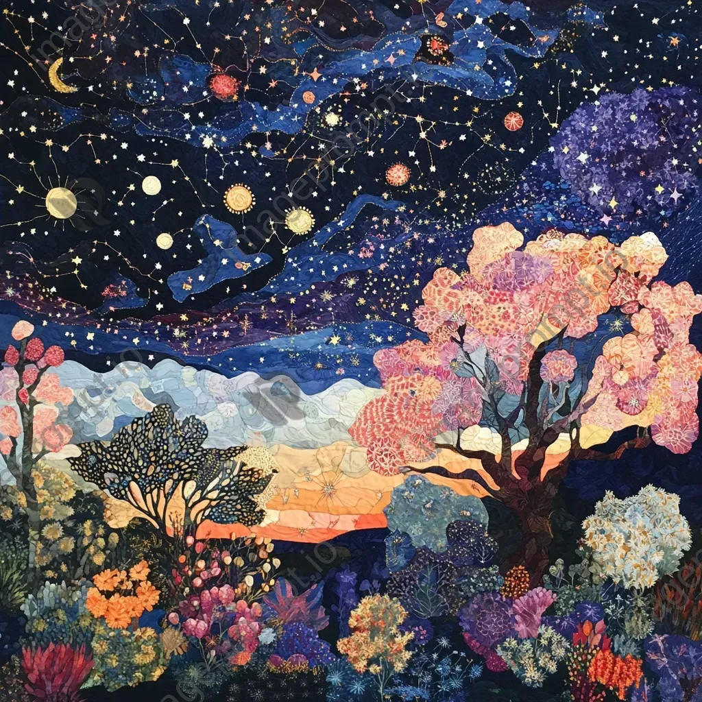 Whimsical night sky depicted with bold textile art patterns mimicking constellations - Image 2