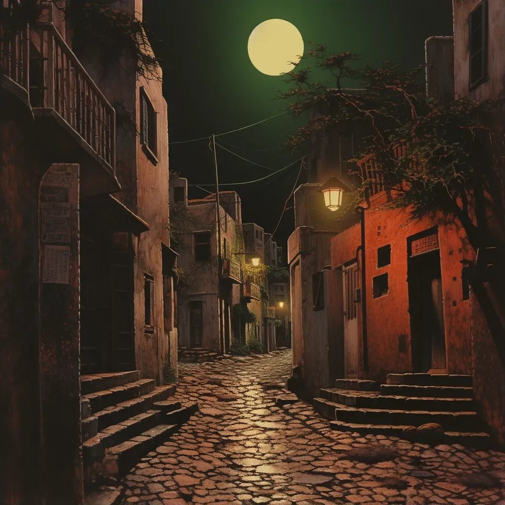 Historic city alley at night with hanging lanterns and cobblestone streets - Image 1