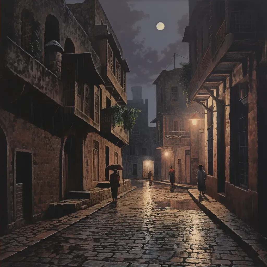 Historic City Alley at Night with Lanterns