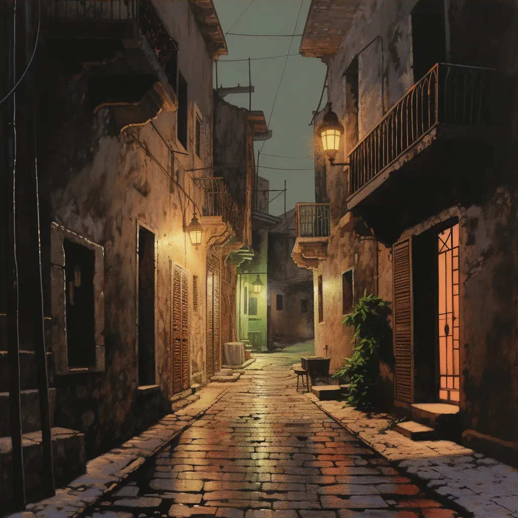 Historic city alley at night with hanging lanterns and cobblestone streets - Image 3