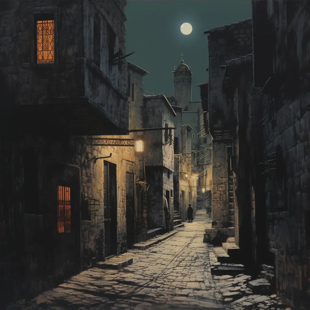 Historic city alley at night with hanging lanterns and cobblestone streets - Image 4