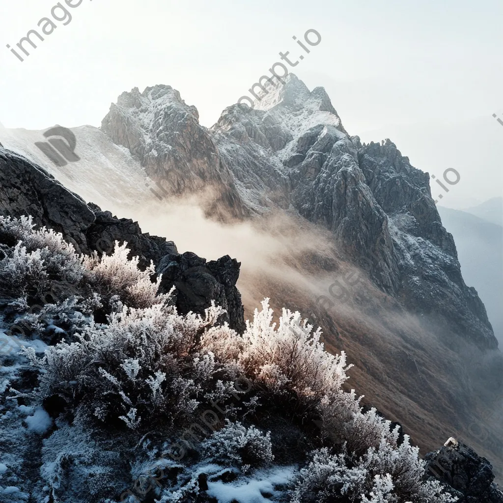 Rocky mountain ridge covered in frost and mist - Image 4