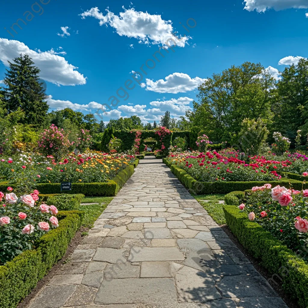 Manicured rose garden with stone pathways. - Image 1