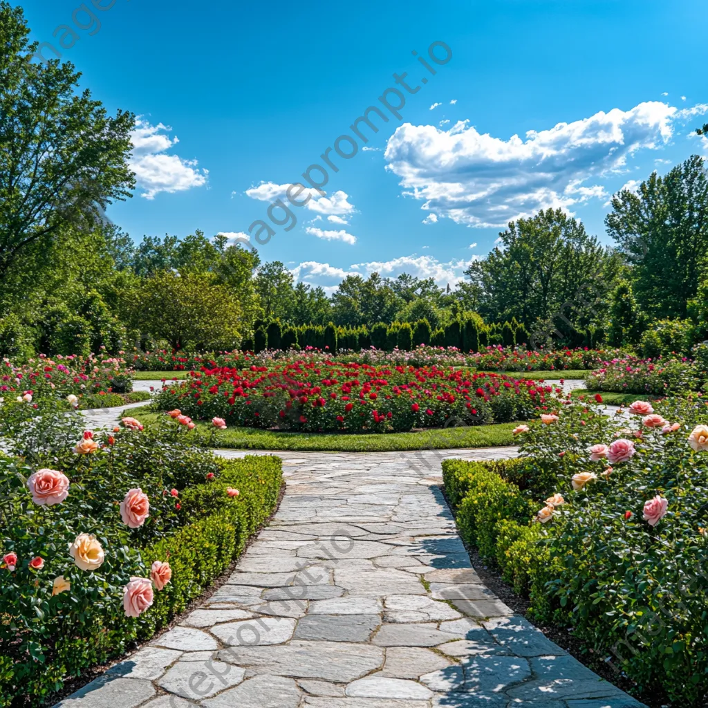 Manicured rose garden with stone pathways. - Image 4