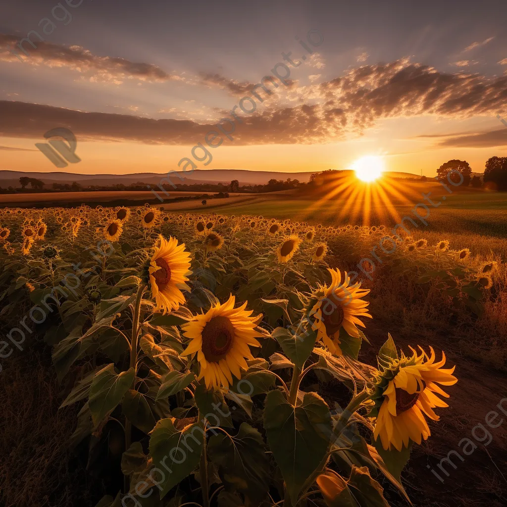 A sunflower field glowing in golden light at sunset. - Image 1