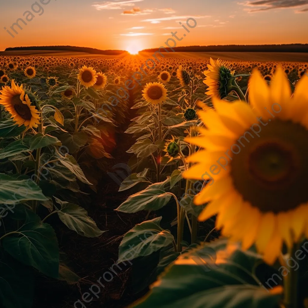 A sunflower field glowing in golden light at sunset. - Image 2