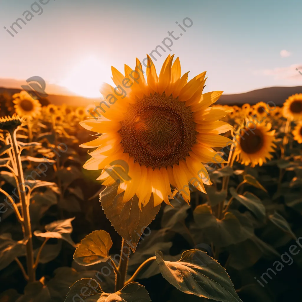 A sunflower field glowing in golden light at sunset. - Image 3