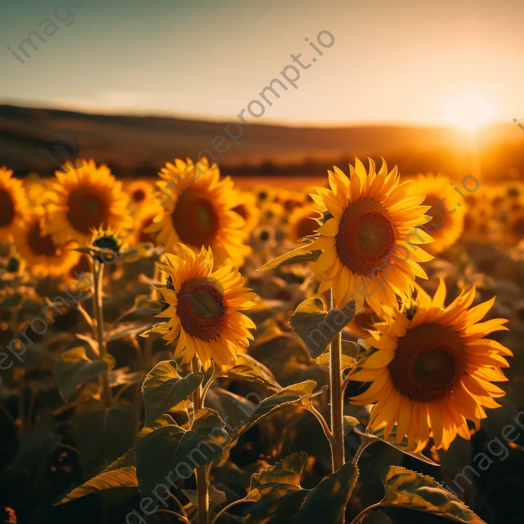 A sunflower field glowing in golden light at sunset. - Image 4