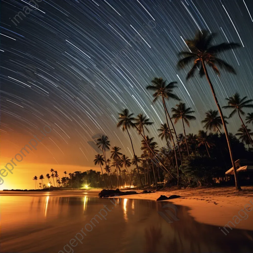 Star trails dancing above a tranquil beach with palm trees - Image 2