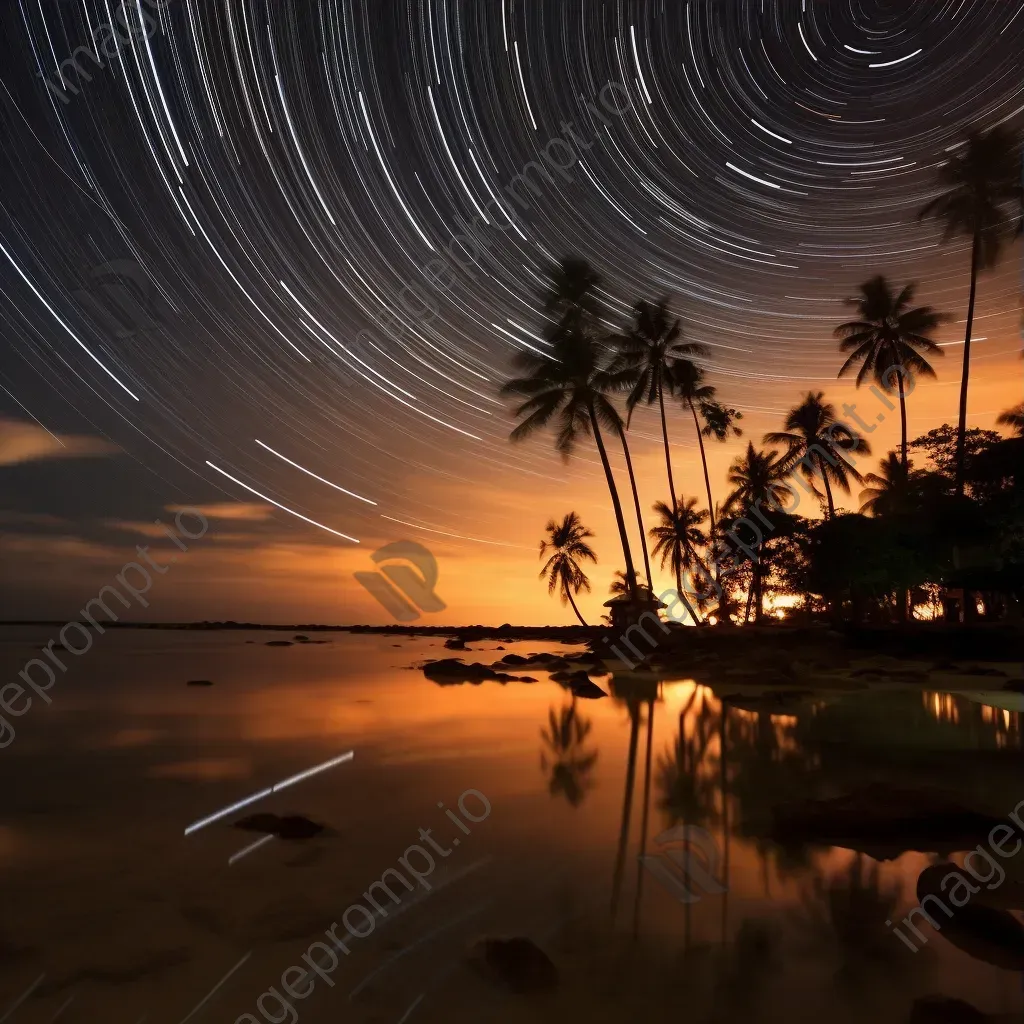 Star trails dancing above a tranquil beach with palm trees - Image 3