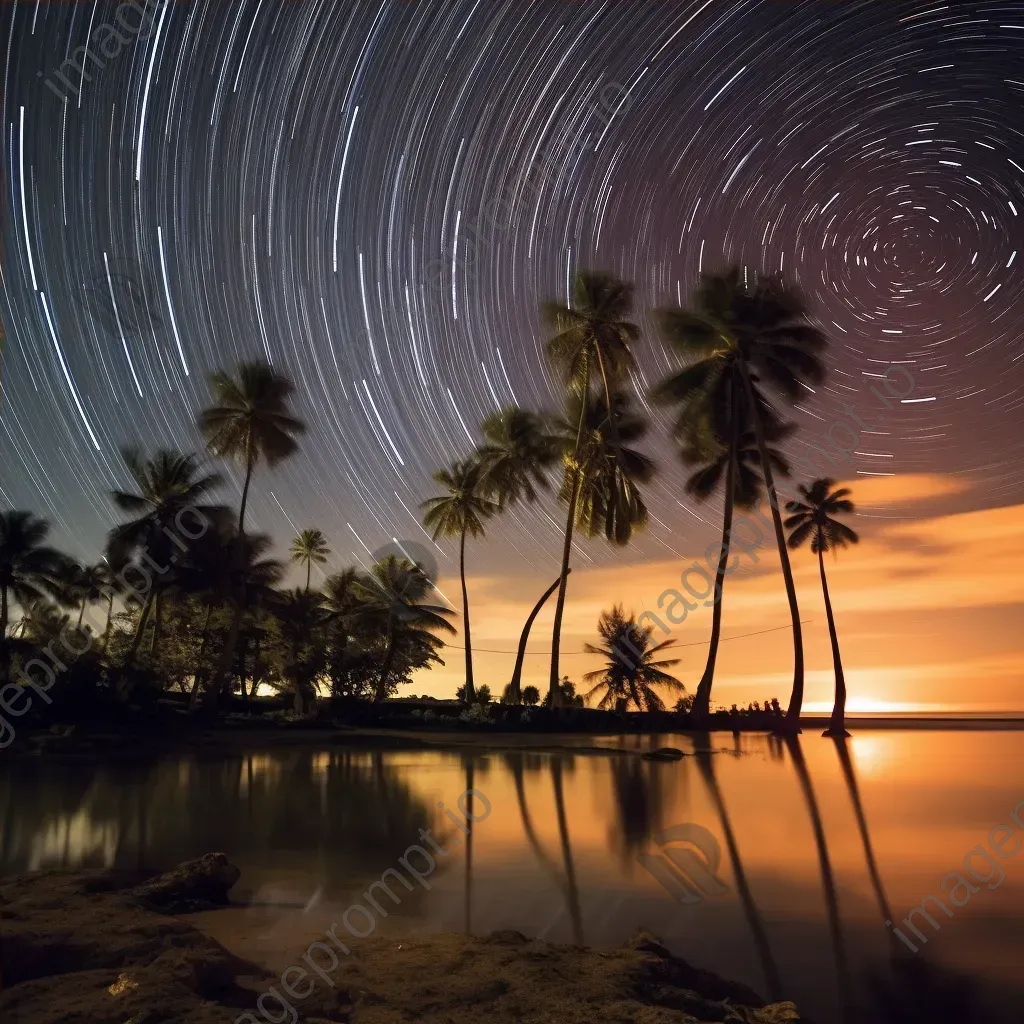 Star trails dancing above a tranquil beach with palm trees - Image 4