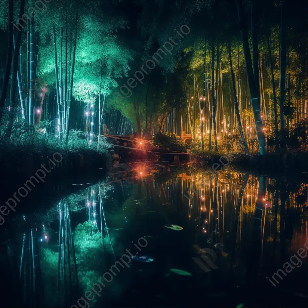 Bamboo forest at twilight with neon fireflies and reflective pond - Image 1