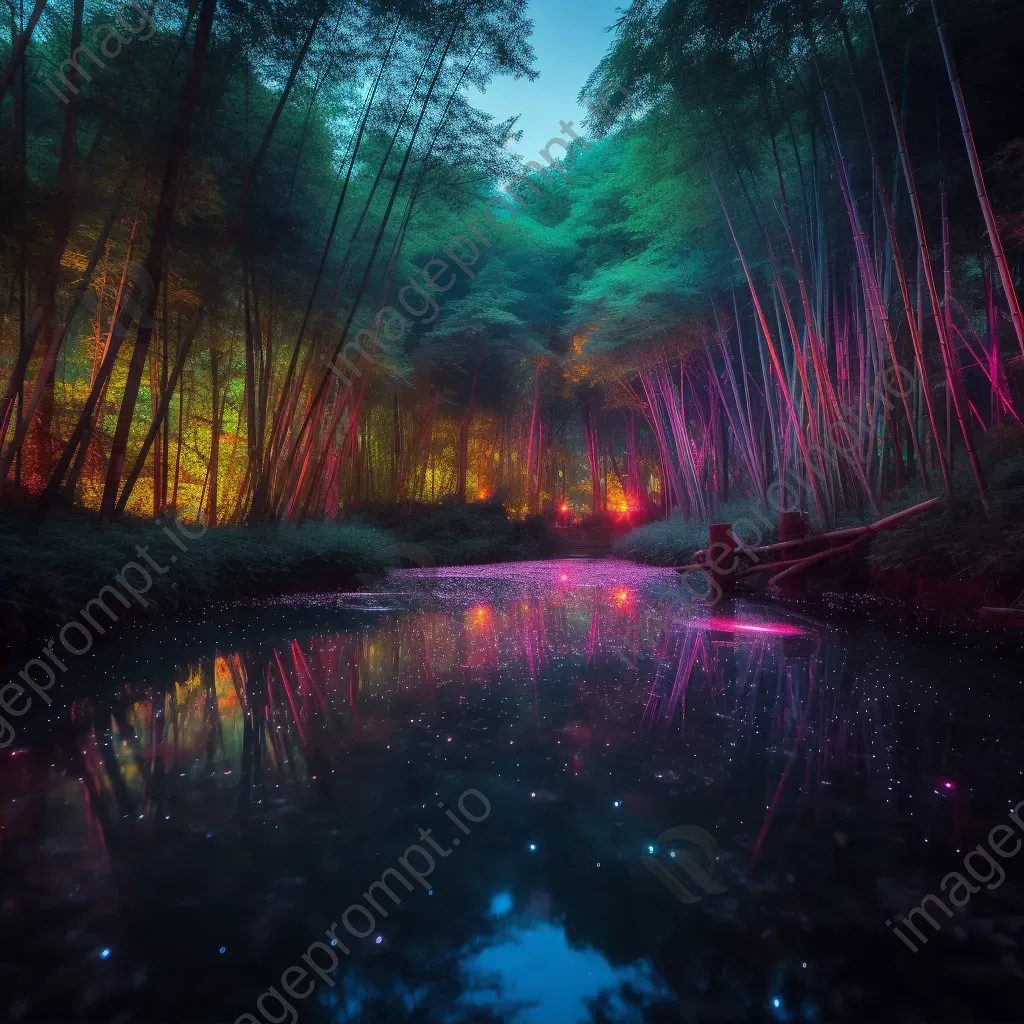 Bamboo forest at twilight with neon fireflies and reflective pond - Image 2