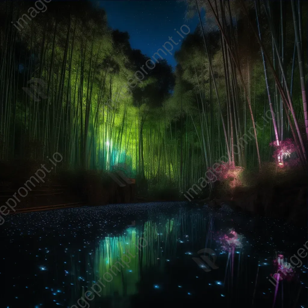 Bamboo forest at twilight with neon fireflies and reflective pond - Image 3