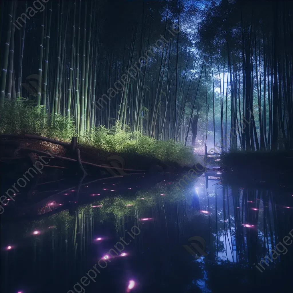 Bamboo forest at twilight with neon fireflies and reflective pond - Image 4