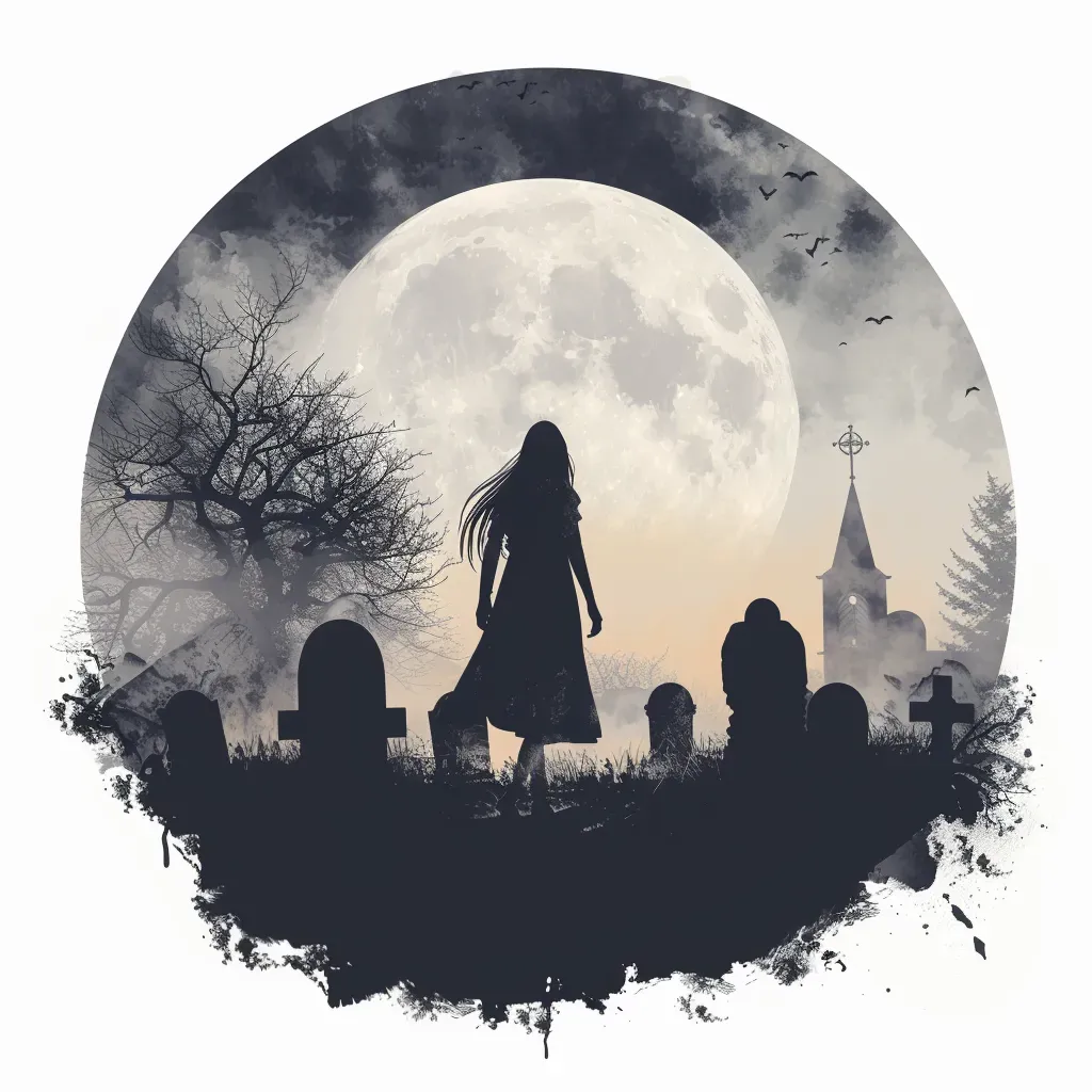 Ethereal ghost girl in misty graveyard, tombstones, moon Halloween logo - Image 1