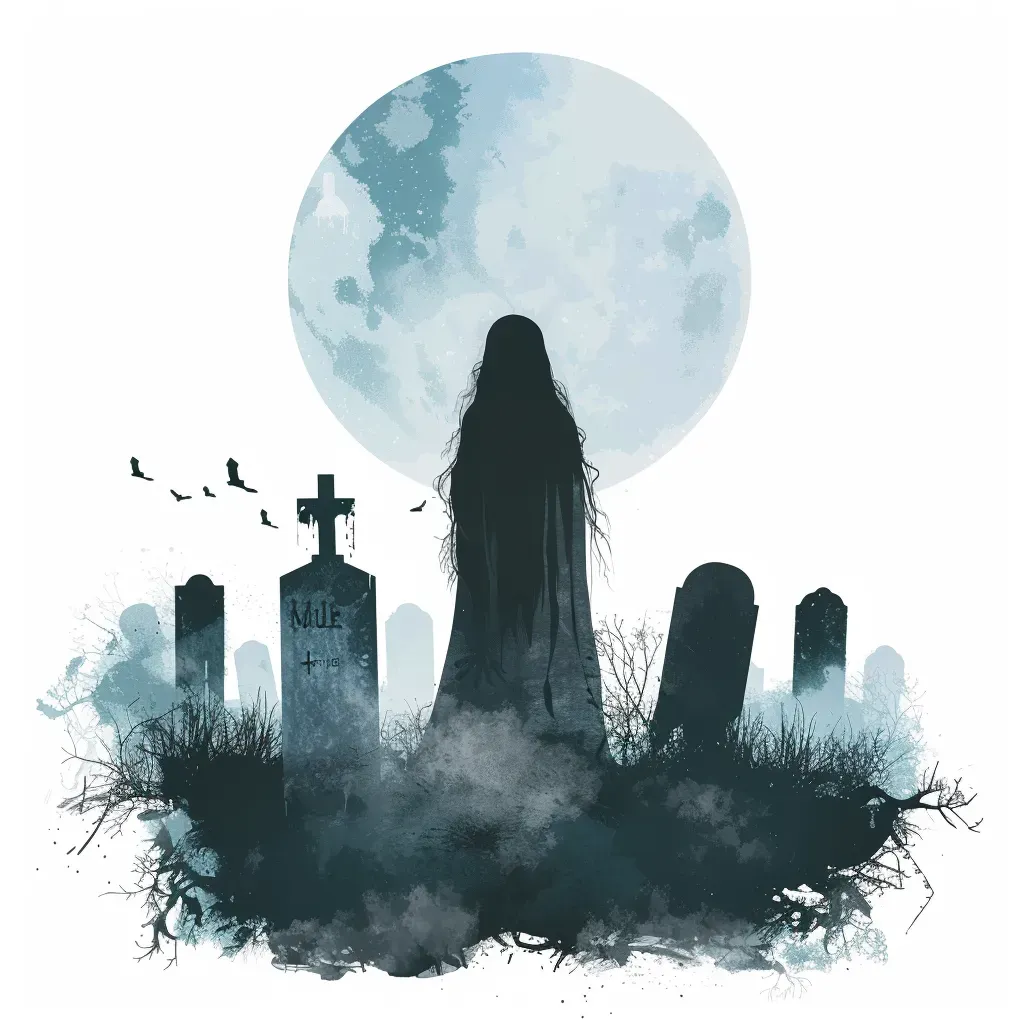 Ethereal ghost girl in misty graveyard, tombstones, moon Halloween logo - Image 2