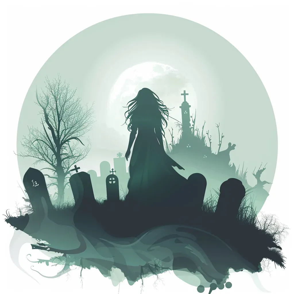 Ethereal ghost girl in misty graveyard, tombstones, moon Halloween logo - Image 3