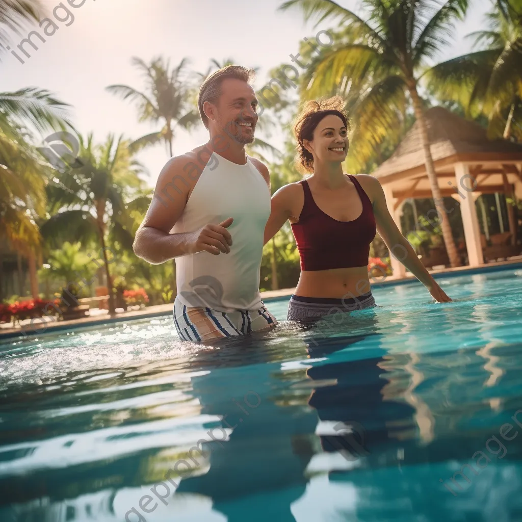 Couple practicing water aerobics in a tropical resort pool - Image 1