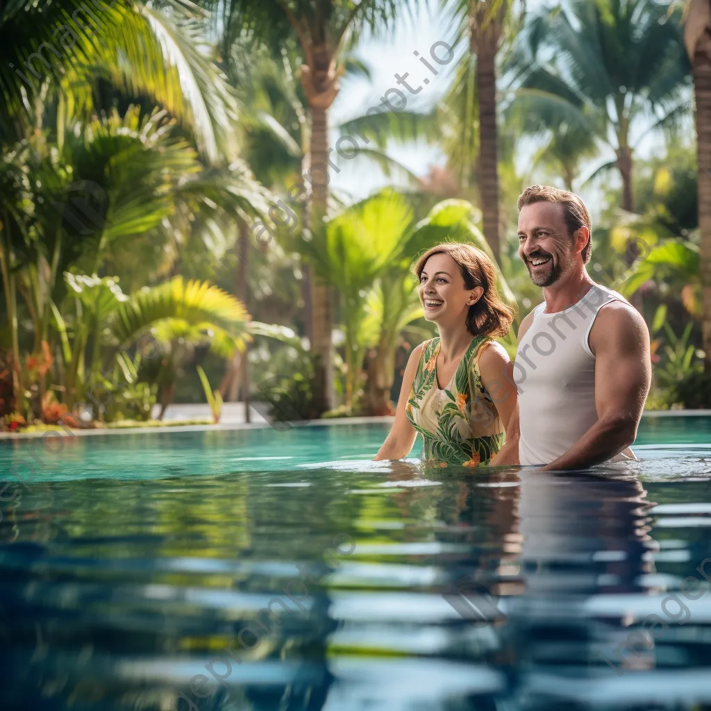 Couple practicing water aerobics in a tropical resort pool - Image 2